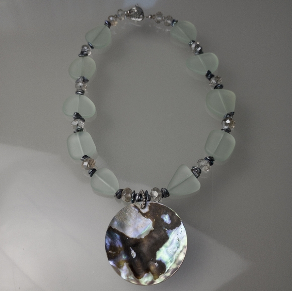 Abalone Shell SeaGlass Necklace Unique Beautiful Front & Back Handmade w. Box - Picture 5 of 8